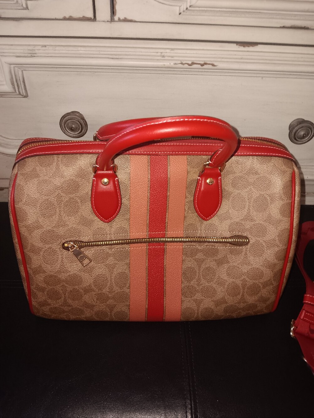Coach Large Rowan Pink And Red Stripe Tan Signature With Wristlet And Strap - Picture 7 of 15